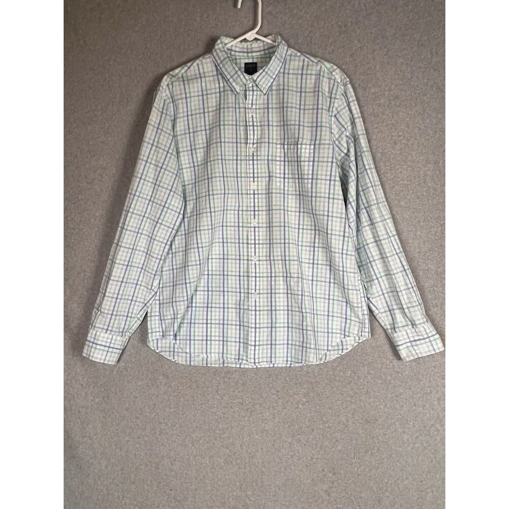 J. Crew Button Front Shirt Men’s XL White Blue Green Plaid Long Sleeve